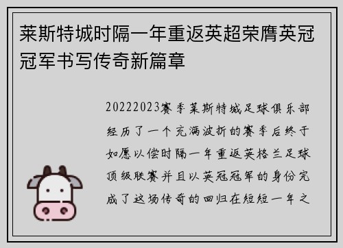 莱斯特城时隔一年重返英超荣膺英冠冠军书写传奇新篇章